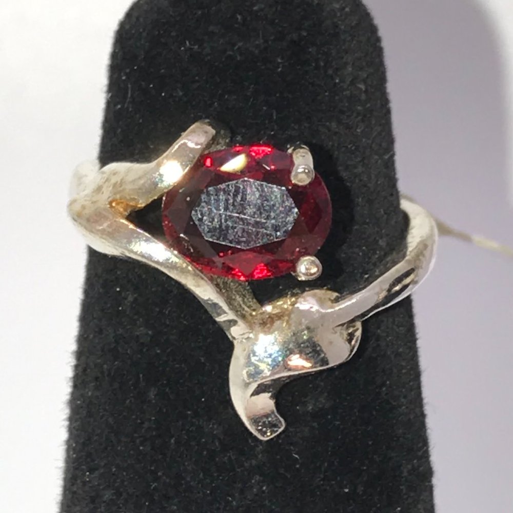 Sterling Silver Lily Ring With A Red Cz Size 8